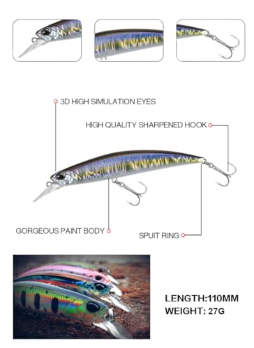3pcs Iridescent Minnow Fishing Lures Set - 5" Sink Swimbaits, Ultra Long Casting, High-Index Plastic, Multi-Color with Treble Hooks Clear Storage Box - Perfect for Sea Fishing Bait - color: AH1328B-5'' 1oz