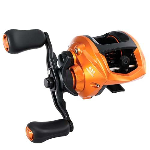 Sougayilang Baitcasting Fishing Reel, 8:1 High Speed Gear Ratio Super Smooth and Powerful Low Profile Baitcaster Reel with Maganic Brake System for Freshwater,Saltwater - color: Orange-Right Hand