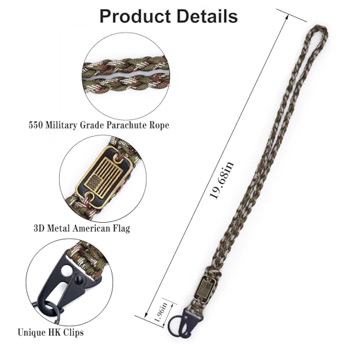 Heavy Duty Braided Paracord Lanyard Keychain with USA Flag, Parachute Rope Necklace Keychains, Braided Strong Lanyard - color: 2 Pcs Army Green Camo