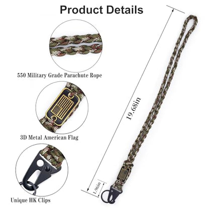 Heavy Duty Braided Paracord Lanyard Keychain with USA Flag, Parachute Rope Necklace Keychains, Braided Strong Lanyard - color: 2 Pcs Army Green