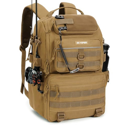 SKYSPER Tackle Backpack Fishing Bags with Rod Holder, 40L Water-Resistant Tackle Box Storage Bag for Fishing Gear Lures(Khaki) - color: Khaki