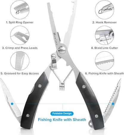 Realure 3‑Piece Saltwater Fishing Pliers Tool Kit, 420 Stainless Steel Split Ring Pliers with Forceps & Hook Remover, Line Cutter Fishing Gear with Lanyard & Sheath for Freshwater & Saltwater Angling