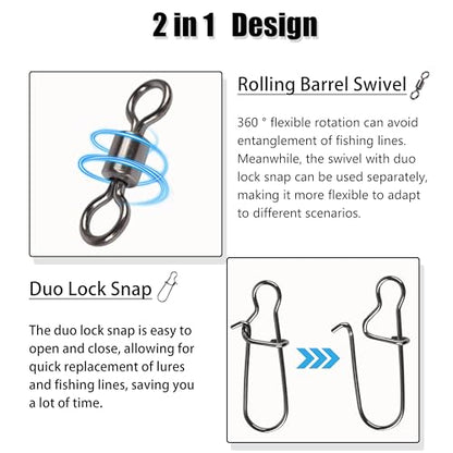 100Pcs Fishing Rolling Barrel Swivel with Duo Lock Snap Connector, High Strength Black Nickel Copper Swivel with Quick Change Snap Clip Tackle for Freshwater Saltwater Fishing - size: 6#