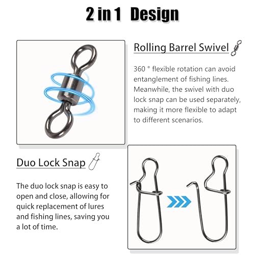 100Pcs Fishing Rolling Barrel Swivel with Duo Lock Snap Connector, High Strength Black Nickel Copper Swivel with Quick Change Snap Clip Tackle for Freshwater Saltwater Fishing - size: 1#