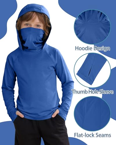 Boys Hooded Fishing Shirt with Mask, Kids UPF 50+ Long Sleeve Rash Guard Hoodie, Sun Protection Beach Swim Shirts - color: Blue, size: XX-Large