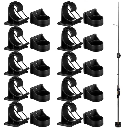 20 Pcs Fishing Rod Clips Kit Upgrade 10 Adjustable Fishing Pole Rod Holder Clips and 10 Fixing Brackets, Billiards Cue Clip Pole Rods Holder Snooker Pool Cue for Wall Mounted Accessories