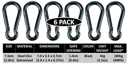 Black & Silver Zinc-Galvanized Heavy Duty Bushcraft Carabiner Spring Snap Clip Link Hooks 200-500lb Load 2, 6 & 12 Packs - color: 7cm (2.8in) Black 6 Pack