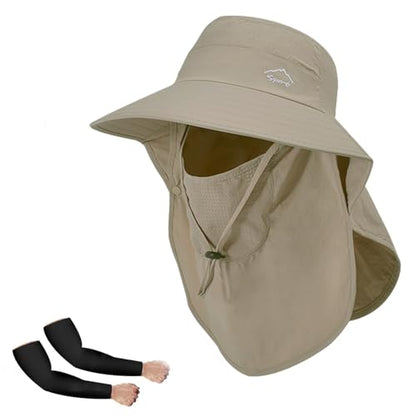 Rosoz Sun Hat for Men Women with Neck Flap,Wide Brim UPF50+ Fishing Hat with Detachable Face Cover Outdoor Sun Protection Hat - color: 1pack-khaki/Arm Sleeves