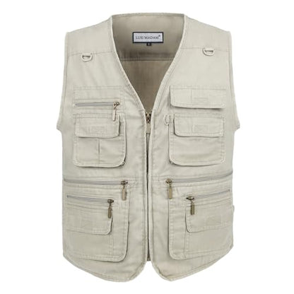 Men's Stone Washed Denim Multi-pocketed Fishing Work Outerwear Vest - color: Beige, size: 3X-Large