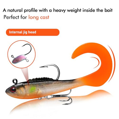 TRUSCEND Shadtale Easy Catch Soft Fishing Lures with BKK Hooks - Trembly Sinking and Vibrating Swim for More Bites, Pre-Rigged Swimbaits for Bass, Trout, Crappie, Walleye, Freshwater Saltwater Fishing - color: B-2.5",0.18oz