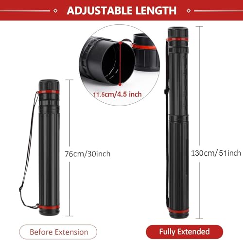 DEWEL Post Tube Expands from 30”to 51”, Waterproof Blueprint Holder Telescoping Art Tube, Large Plastic Black Fishing Rods Case Storage Tube, Light Resistant Drawing Tube with Strap (XL Size) - color: Black (Striped), size: X-Large
