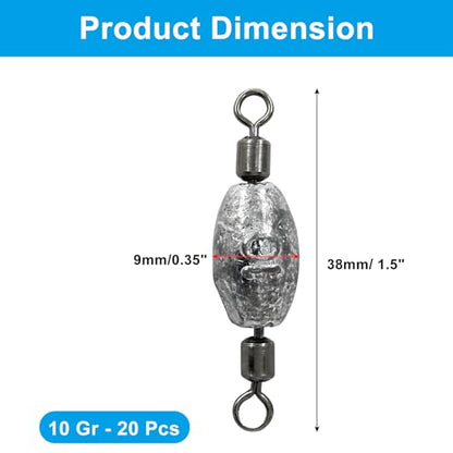 Uenhoy Fishing Weights Inline Trolling Fishing Sinker Tackle with Inner Swivels, Oval Drop Casting Fishing Weight Sinkers - size: 3/8 oz, 20pcs