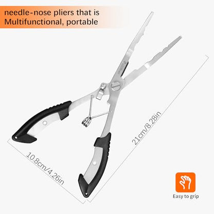 Stainless Steel Fishing Pliers,Needle Nose Pliers Fishing,Fishing Gear Hook Remover with Lanyard,Multitool for Saltwater - color: black