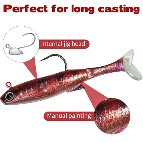 6PCS Soft Plastic Fishing Lures - 3.5in Swim Baits for Bass Pre-Rigged Jig Heads Walleye Fishing Lures with Paddle Tail Swimbaits for Bass Fishing Fishing Soft Plastic Lure Kit - color: Red