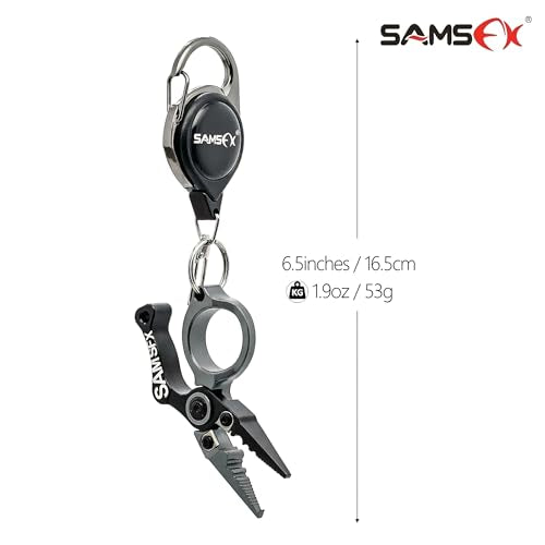 SAMSFX Mini Fishing Pliers with Fly Fishing Zinger Retractor, Fish Hook Remover Tool, Split Ring Pliers for Saltwater & Freshwater, Tungsten Carbide Cutters, Fishing Gear Gift for Anglers - color: Silvery