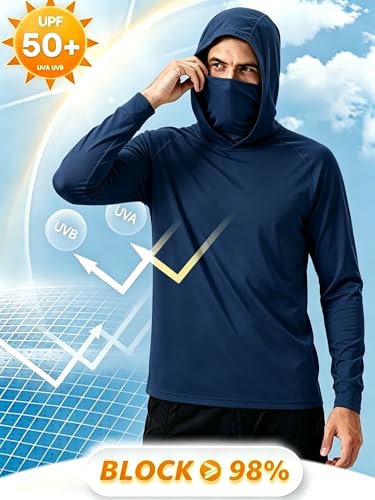 LeeHanTon Men UPF 50+ Sun Protection Hoodie Long Sleeve Shirts Dry-Fit UV Breathable Work Athletic Summer Pullover Sweatshirt - color: A-navy-with Mask, size: Small
