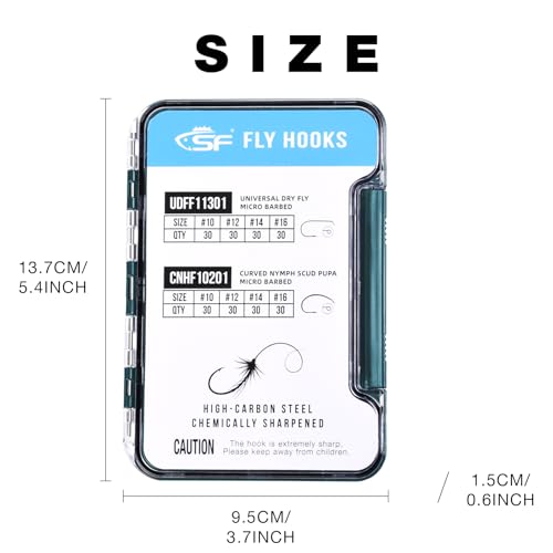 SF 10# 12# 14# 16# Fly Tying Hooks Kit Assortment Micro Barbed High Carbon Steel Standard Dry Curved Nymph Scud Pupa Fly Fishing Hook 240Pcs with Waterproof Magnetic Hook Box