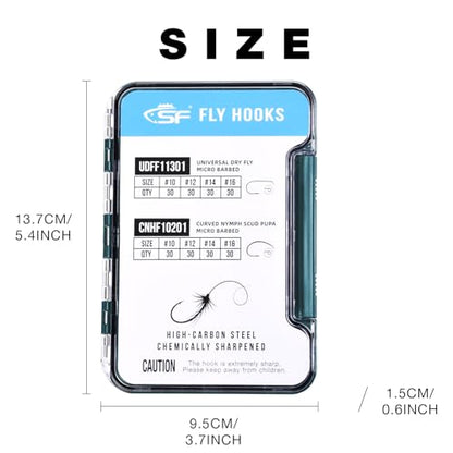 SF 10# 12# 14# 16# Fly Tying Hooks Kit Assortment Micro Barbed High Carbon Steel Standard Dry Curved Nymph Scud Pupa Fly Fishing Hook 240Pcs with Waterproof Magnetic Hook Box