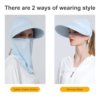 Women Wide Brim Face Mask Sun Hat Detachable Neck Face Flap Ponytail UV Protection Visor Hat Garden Fishing Hiking - color: Bg8094-lightblue