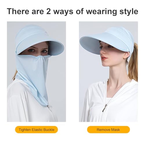 Women Wide Brim Face Mask Sun Hat Detachable Neck Face Flap Ponytail UV Protection Visor Hat Garden Fishing Hiking - color: Bg8094-lightblue
