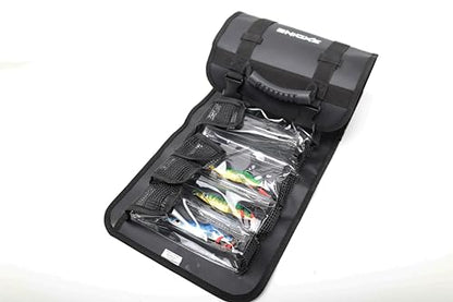Lure Roll Up Fishing Jig Pouch Tackle bags | Heavy Duty Compact Waterproof Tarpaulin Fish Lure Pouch | 10 Clean Window Pockets for Fishing Lures Jigs Tools Storage