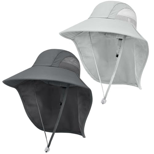 Kids Sun Hat UPF50+ Summer Beach Play Sun Protection Hats with Neck Flap for Ages 5~14 Girls Boys - color: Dark Grey＆light Grey