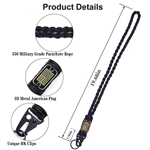Heavy Duty Braided Paracord Lanyard Keychain with USA Flag, Parachute Rope Necklace Keychains, Braided Strong Lanyard - color: 2 Pcs Black Lanyard