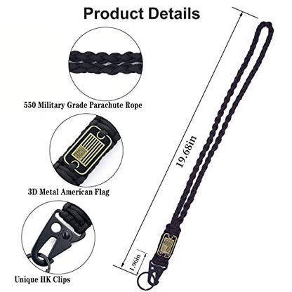 Heavy Duty Braided Paracord Lanyard Keychain with USA Flag, Parachute Rope Necklace Keychains, Braided Strong Lanyard - color: 2 Pcs Black Lanyard