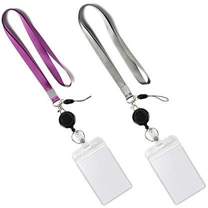 2Pack Lanyards with Vertical ID Badge Holders,Retractable Reel,Grey,Purple | Lightweight with Clips,for Office,Keys etc - color: Grey&purple&badge Reel-badge Holder Vertical