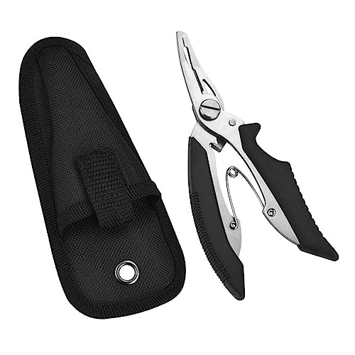 SEIWEI Fishing Pliers Scissors Braid Cutters Stainless Split Ring Pliers Hook Remover Steel Fishing Line Cutting Tool with Cover for Saltwater Freshwater (Black) - color: Black