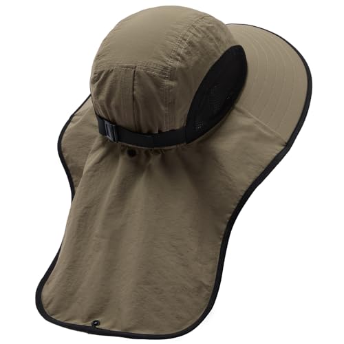 BASSDASH UPF 50+ Unisex Water Resistant Wide Brim Sun Hat with Large Neck Flap Ponytail Fishing Hat for Men Women - color: Sand/Black