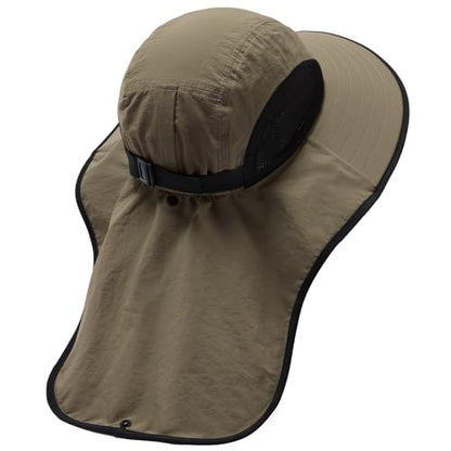 BASSDASH UPF 50+ Unisex Water Resistant Wide Brim Sun Hat with Large Neck Flap Ponytail Fishing Hat for Men Women - color: Sand/Black