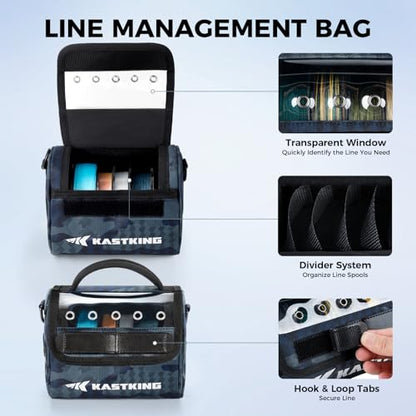 KastKing BaitSpace Line Management Bag, Fishing Line Storage Bag with Water Resistant Nylon, Clear View Window, Removable Divider, Tangle-free Leader Line Holder - color: B: Blue Camo-Medium
