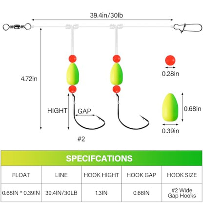 Alwonder 5-Pack Pompano Rigs Surf Fishing Rigs with Snell Floats, Saltwater Live Bait Rig Swivels Duo Lock Snaps Circle Wide Gap Kahle Hooks Rig for Beach Surf Casting Pier Jetty Fishing - color: Green & Yellow 5-Pack, size: #2 Wide Gap Hook