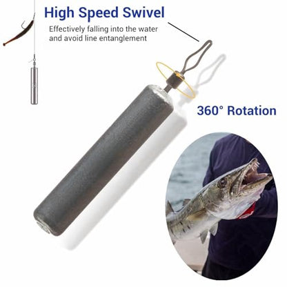 48Pcs Drop Shot Weights Set, Slim Pencil Style | Lead Fishing Weights Sinkers Kit, Dropshot Rigging, 6 Sizes Assorted, Includes Barrel Swivel and Rig Beads