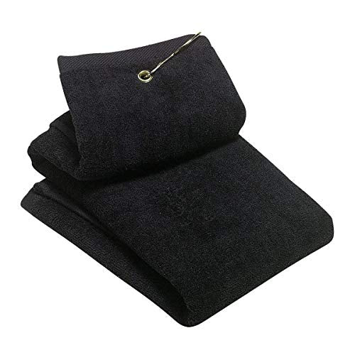 2 Pack Golf Fold Towel with Metal Carabiner Clip Sports Hiking Black 12inch x 16inch