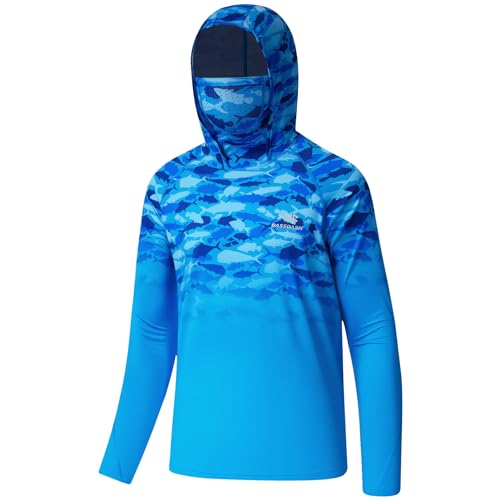 BASSDASH Youth UPF 50+ Hooded Shirts with Mask UV Neck Gaiter Sun Protection Long Sleeve T Shirt for Fishing Swim - color: Blue Fish Gradient, size: Small