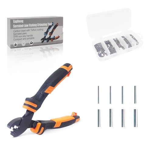 Eupheng Fishing Crimping Pliers Tools Secure Crimp Without Damaging Line, 6-Tooth Serrated Jaws Crimper with 240pcs Copper Sleeves, 5.9in Carbon Steel for Saltwater & Freshwater - color: Crimping Pliers (Orange) + Sleeves (240pcs)