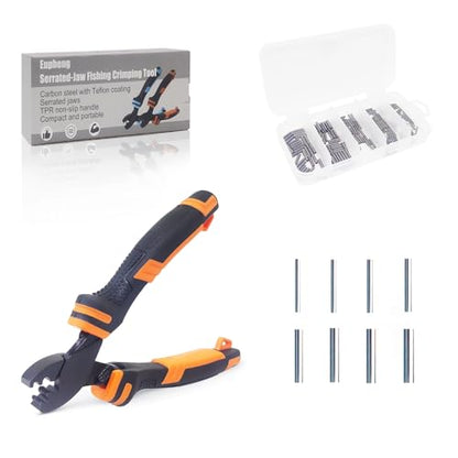 Eupheng Fishing Crimping Pliers Tools Secure Crimp Without Damaging Line, 6-Tooth Serrated Jaws Crimper with 240pcs Copper Sleeves, 5.9in Carbon Steel for Saltwater & Freshwater - color: Crimping Pliers (Orange) + Sleeves (240pcs)