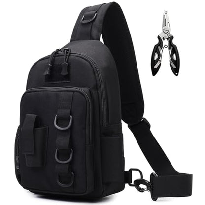 Fishing Sling Bag - Small Fishing Tackle Storage Bags with Rod Holder((Black) - color: Black
