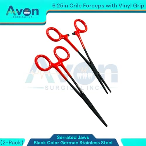 6.25" Multi-Purpose Hemostat Forceps Pliers, Locking, Red Vinyl Grip Handle, Black, German Stainless Steel | Fishing Pliers, Fish Hook Removing, Crafts, Electronics (Set of 2)