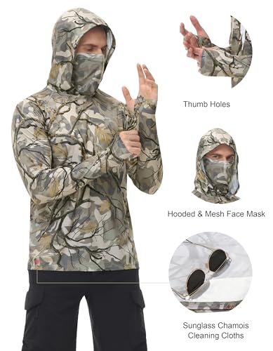 FISHEAL Men's Hunting Shirts with Mask - UPF 50+ Camo Long Sleeve Fishing Hoodie Shirt with Adjustable Drawstring - color: Autumn Forest, size: Medium