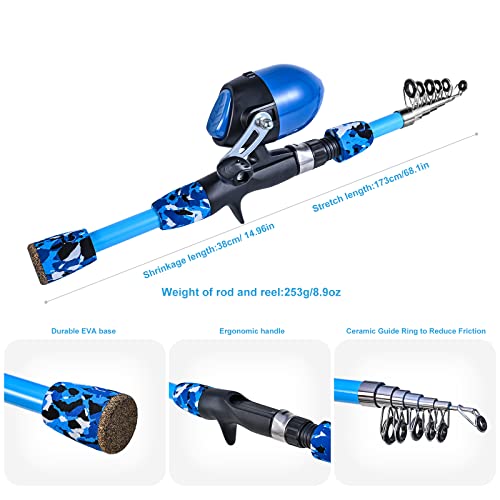 LEOFISHING 170cm/5.6ft Kids Fishing Rod Set Portable Telescopic Kids Fishing Poles with Collasible Chair Fishing Net Carrier Bag and Full Kits for Boys and GirlsBeginner and Youth