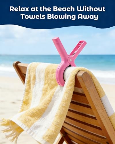 10 Pack Beach Towel Clips Heavy Duty Large Beach Essentials Chair Pool Clip | Pink Clips with Strong Grip, Silicone Protection, Rust Resistant Spring, Multi-Use for Beach, Boat, Cruise & Outdoors - color: Pink