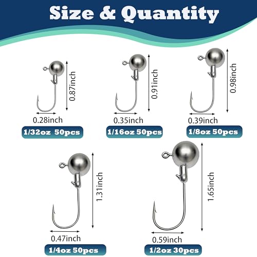 Round Lead Jig Head Hooks for Freshwater & Saltwater Fishing with Fishing Box 1/32 1/16 1/8 1/4 1/2oz - size: 1/16oz-50pcs