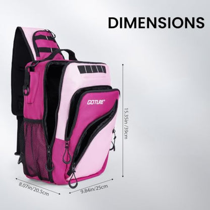 Goture Pink Fishing Tackle Bag, 1680D Water-Resistant Sling Fishing Backpack with Rod Holder, Anti-Slip Waist Strap, Trays not included, Fishing Gifts for Women Girls - color: Pink, style: 1680d Double-strand Pu Backpack (Trays Not Included)