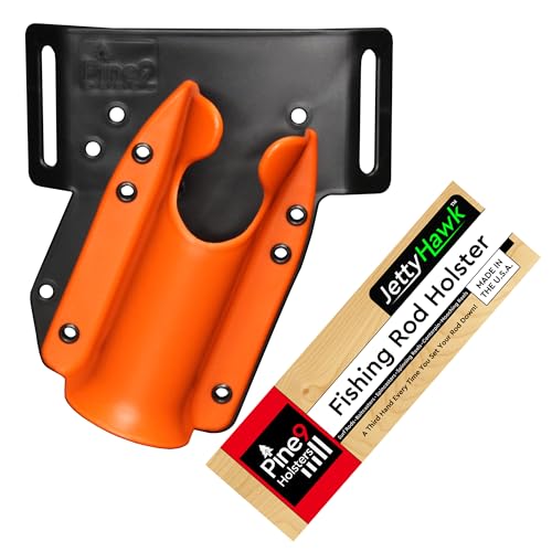 JettyHawk Fishing Rod Hip Holster, Hands-Free Quick-Draw Holder, Fits 1.5-2" Pole, for Spinning, Baitcaster, Centerpin & Surf Rods, Wading & MOLLE Belts - color: Orange