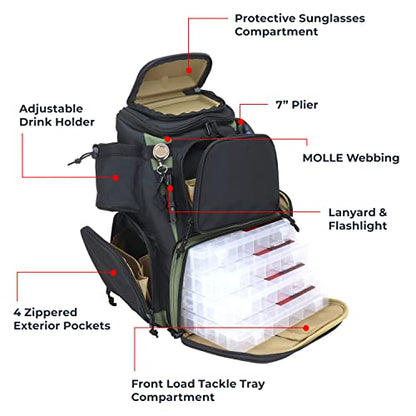 OSAGE RIVER Fishing Backpack, Fits 4 Large Tackle Boxes MOLLE Webbing Rod Holder Waterproof Cover, Includes Pliers Flashlight - color: With Accessories, size: Medium