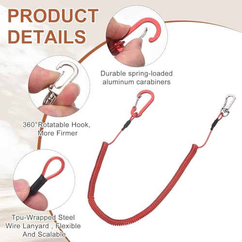 PATIKIL Fishing Lanyard, (118.11" Length, Red) (3Pcs), Retractable Coiled Tether Anti-Lost Rope Coiled with Carabiners and 360° Safety Buckle, Suit for - Fishing/Hunting/Hiking/Boating - color: Red, size: 118.11"