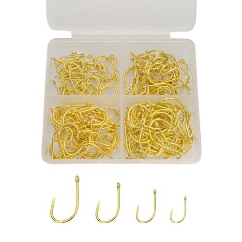 200pcs-300pcs Small Barbed Fishing Hooks Black High Carbon Fishing Hooks Set 6# 8# 10# 12# 14# 16# with Plastic Box - color: 200pcs gold